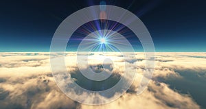 fly above clouds sunset landscape 3d render