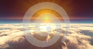 fly above clouds sunset landscape 3d render