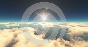 fly above clouds sunset landscape 3d render