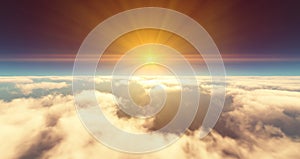 Fly above clouds sunset landscape 3d render