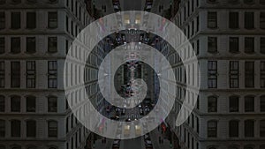 Fly above street surrounded by tall buildings. Revealing traffic on road in metropolis. Abstract computer effect digital