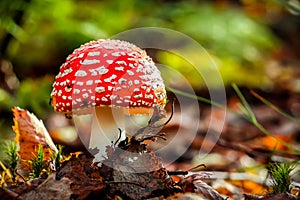 Fly agaric Amanita Muscaria mushroom in the forest.