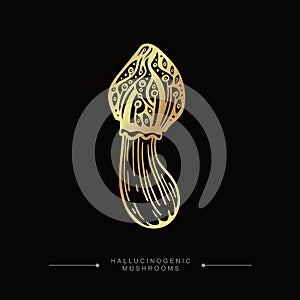 Fly agaric gold sticker. Toxic Fantasy Pslocybin Mushroom. Hand drawn toadstool concept. Golden drawing of magical surreal
