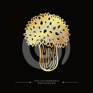 Fly agaric golden sticker. Hand drawn toadstool concept. Golden drawing of hallucinogenic mushroom. A stylized image of a