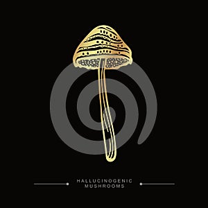 Fly agaric golden sticker. A stylized image of a psilocybin mushroom. Golden drawing of hallucinogenic mushroom. Hand drawn