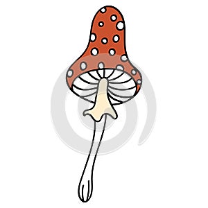 Fly Agaric Mushroom in 70s or 60s Retro Trippy Style. Amanita 1970 Icon. Seventies Groovy Flowers. Cartoon Childish