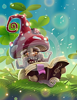 Fly agaric mushroom or amanita with musical book is singing in summer magic forest with green grass, beautiful clover flowers