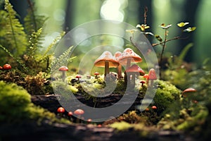 Fly agaric mushrooms grow on a stump in moss