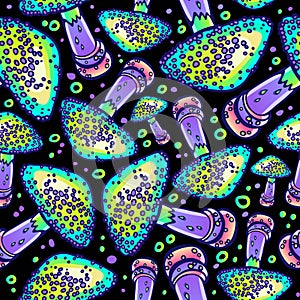 Fly agaric and psilocybin mushrooms seamless vector pattern. Wallpaper of hallucinogenic mushrooms in lilac-green tones. Stylish