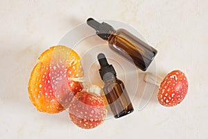 fly agaric red and glass amber dropper bottles