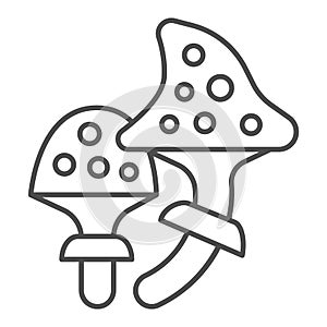 Fly agaric thin line icon, halloween concept, speckled poison mushroom sign on white background, amanita icon in outline