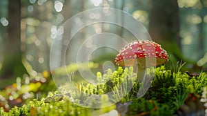 Fly agaric toadstool in sunny green forest