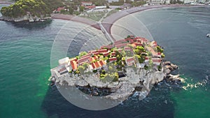 Fly around island of Sveti Stefan, Montenegro