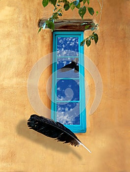 Fly Away, Turquoise Window with Floating Feather