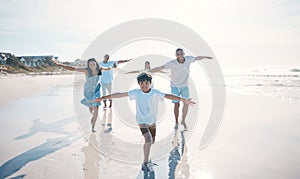 Fly, beach and happy family running or playing together at the sea or ocean bonding for love, care and happiness. Summer