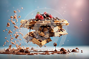 fly Belgian waffles with whipped cream, strawberries and chocolate sauce isolated on studio background