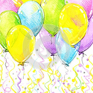 Fly colorful balloons and Birthday background