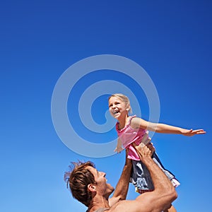 Fly, father and girl with fun, playing and happiness with family, sky background and smile. Outdoor, nature and dad