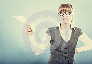 Fly fear. Woman holding airplane in hand.