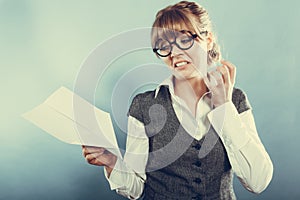 Fly fear. Woman holding airplane in hand.