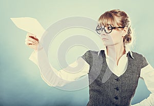 Fly fear. Woman holding airplane in hand.