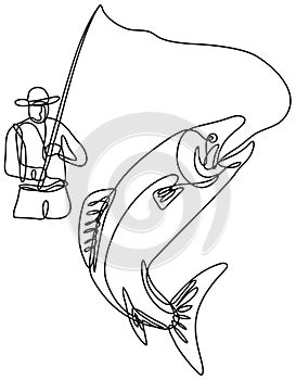 Fly Fisherman Catching Jumping Lake Trout Continuous Line Drawing