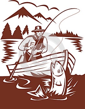 Fly fisherman catching trout boat