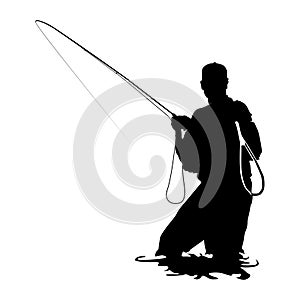 Fly fisherman fishing.graphic fly fishing.clip art black fishing on white background.