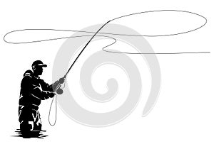 Fly fisherman fishing.graphic fly fishing.clip art black fishing on white background.