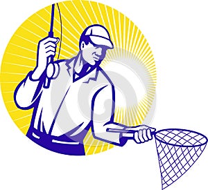 Fly Fisherman Fishing Net Retro Woodcut