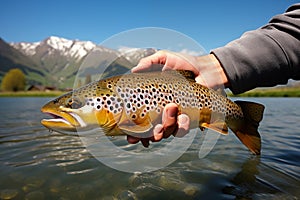 Fly-fisherman hand holding trout fish closeup. Generative AI