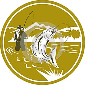 Fly Fisherman Reeling Trout Circle Retro