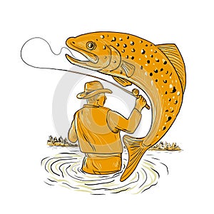 Fly Fisherman Reeling Trout Drawing