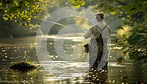 Fly fisherman standing in river, catching fish with line out, angling in serene waters photo
