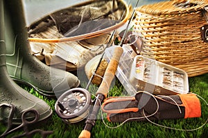 Fly fishing equipment on grass