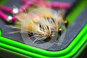 Fly fishing flies in a box