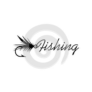 Fly fishing lure icon isolated on white background. Word Fishing sign