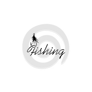 Fly fishing lure icon isolated on white background. Word Fishing sign