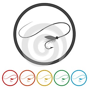 Fly fishing lure ring icon, color set