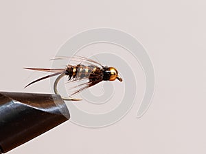 Fly fishing lure in a vice
