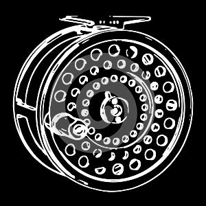 Fly fishing reel on black background