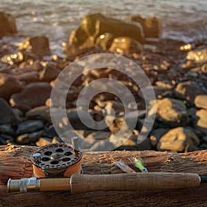 A fly fishing rod and flies for fly fishing lie on the sea rocks at sunset.