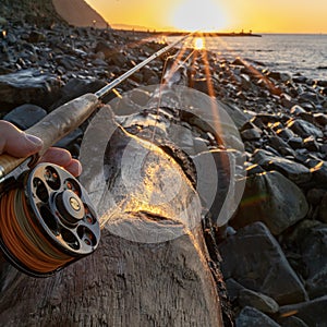 A fly fishing rod and an open fly fishing box lie on the sea rocks at sunset