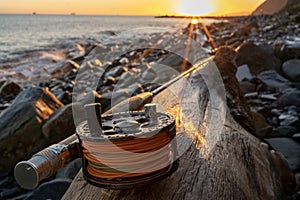A fly fishing rod and an open fly fishing box lie on the sea rocks at sunset