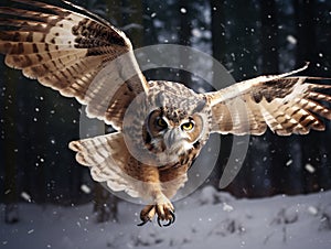 fly of Flying Eurasian Eagle owl with open wings with snow flake in snowy forest during cold winter