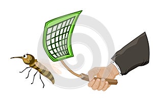 Fly and flyswatter in hand isolated on white background. Hand killing fly with swatter.