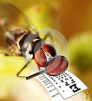 Fly having an eye examination using a magnifying glass