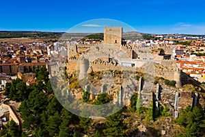 Fly over Almansa castle. City of Almansa. Spain
