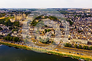 Fly over picturesque town of Saumur and medieval castle Saumur. France
