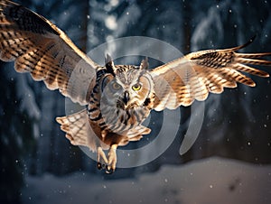 fly of owl. Flying Eurasian Eagle owl with open wings with snow flake in snowy forest during cold winter